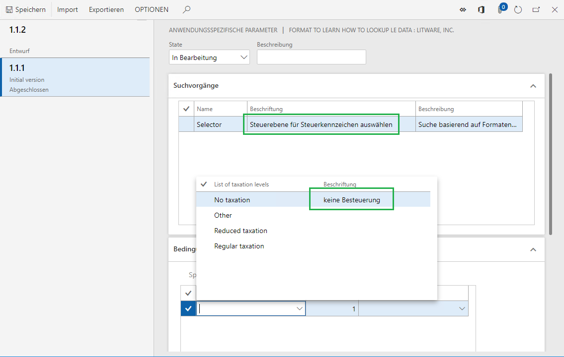 Screenshot of the Lookup field translated into German on the ER application-specific parameters page.
