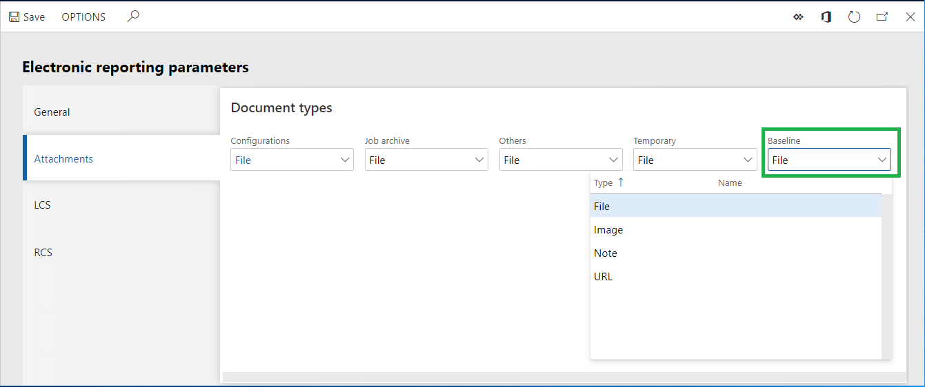 Screenshot of the Electronic reporting parameters.