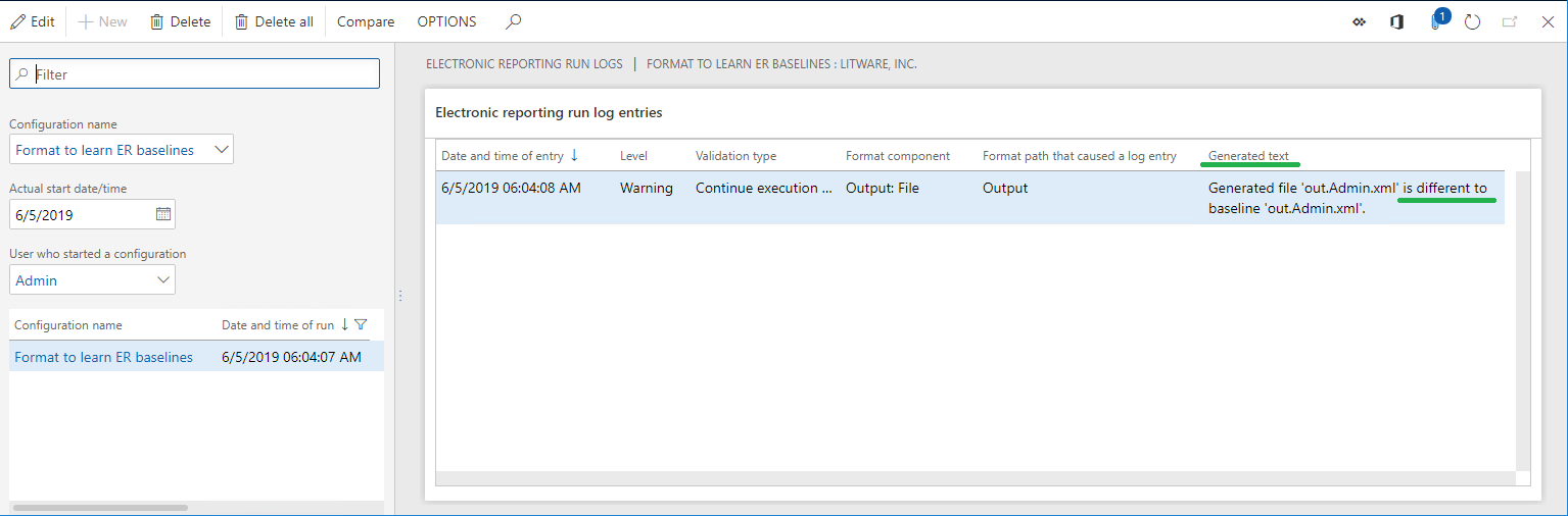 Screenshot of Electronic reporting run logs showing a warning that generated file 'out.Admin.xml' differs from baseline.