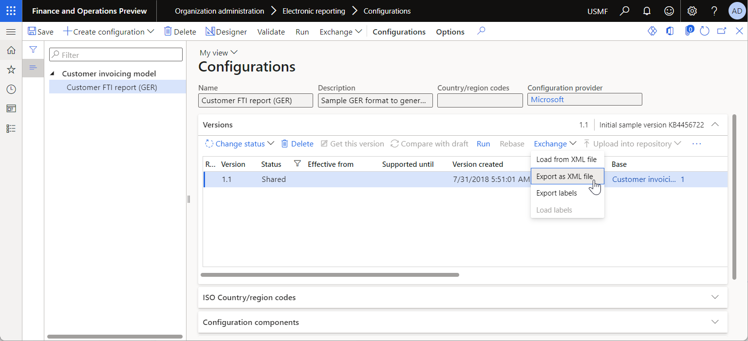 Screenshot of exporting an ER format configuration version as XML on the Configuration page.