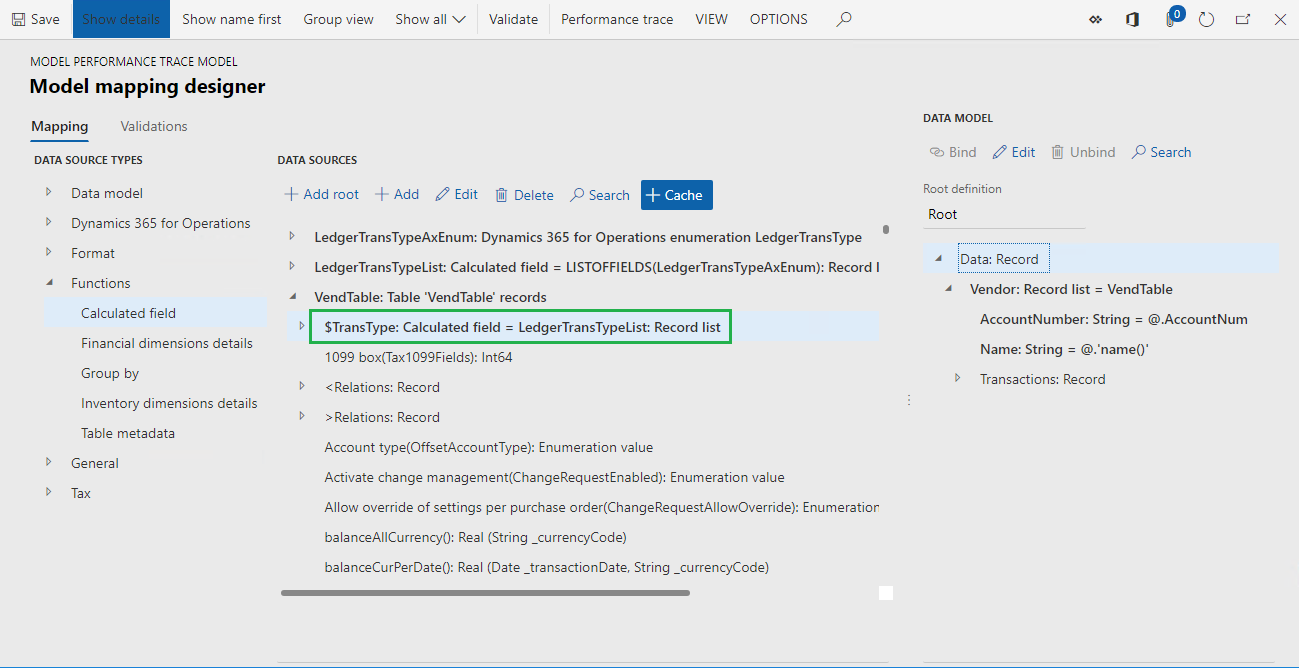Screenshot of the caching setup for the $TransType field.