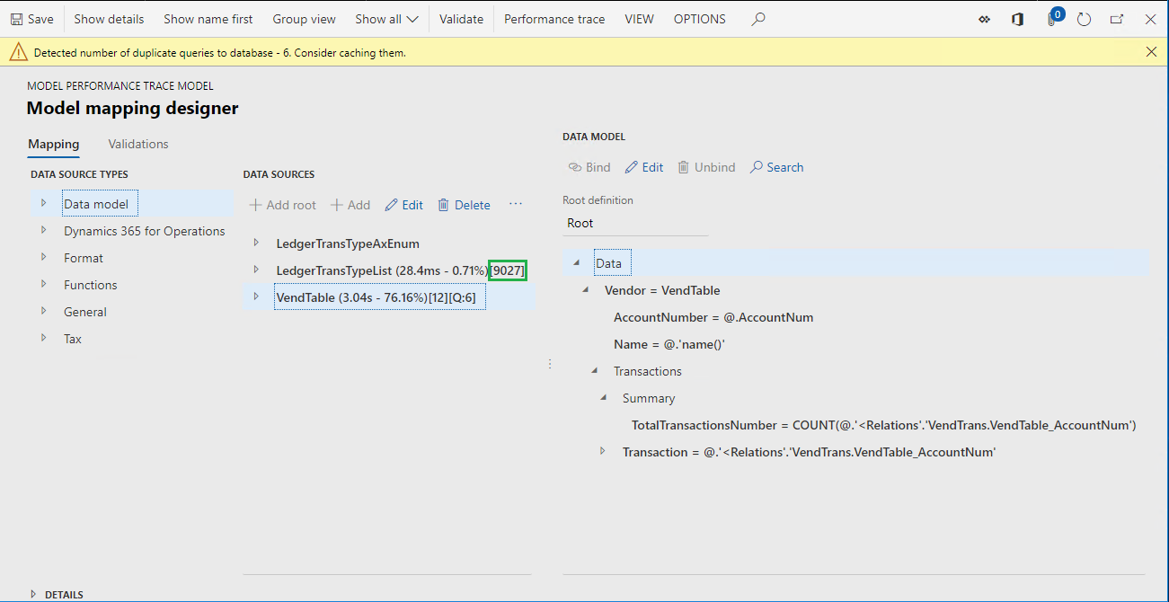 Screenshot of the Model mapping designer page in RCS, showing 9,027 calls to the data source.