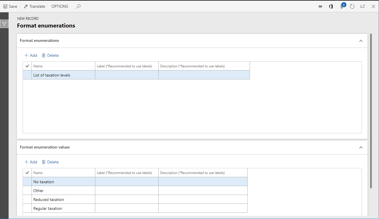 Screenshot of a new record on the Format enumerations page.