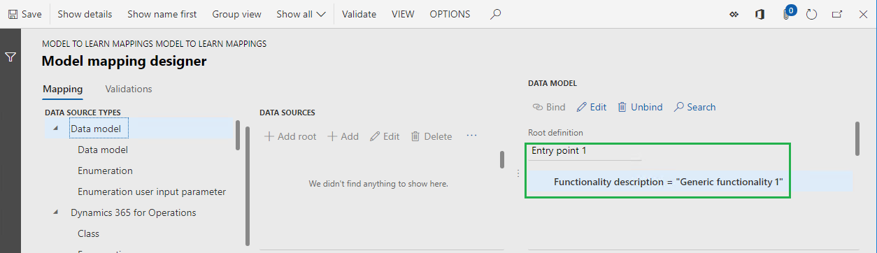 Screenshot of the ER model mapping designer page showing the Entry point 1 definition.