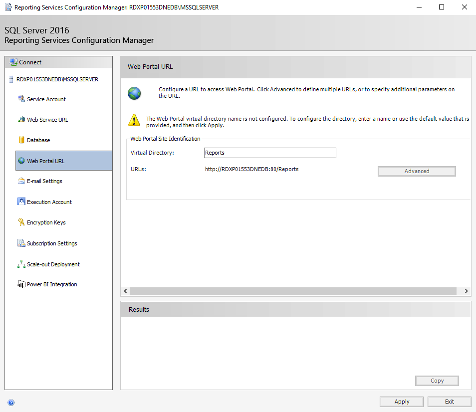 Screenshot of the Web Portal URL tab in Reporting Services Configuration Manager.