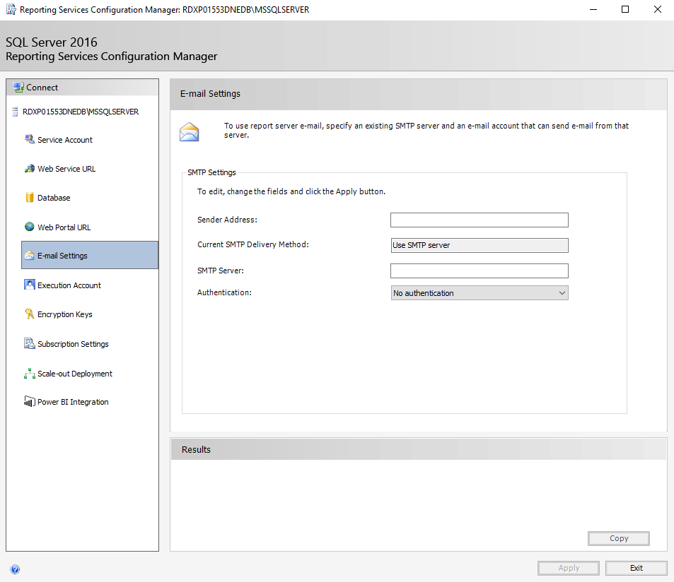 Screenshot of the E-mail Settings tab in Reporting Services Configuration Manager.