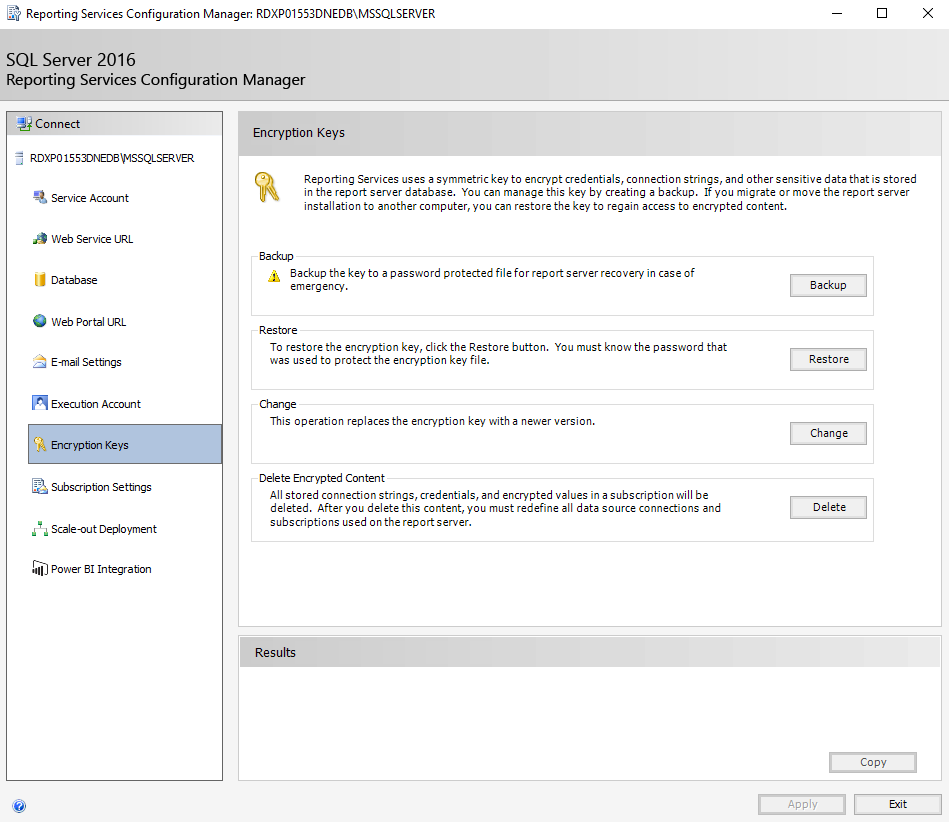 Screenshot of the Encryption Keys tab in Reporting Services Configuration Manager.