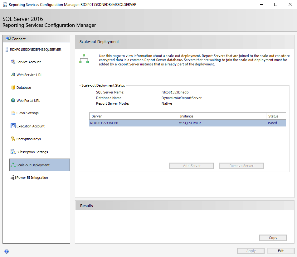 Screenshot of the Scale-out Deployment tab in Reporting Services Configuration Manager.
