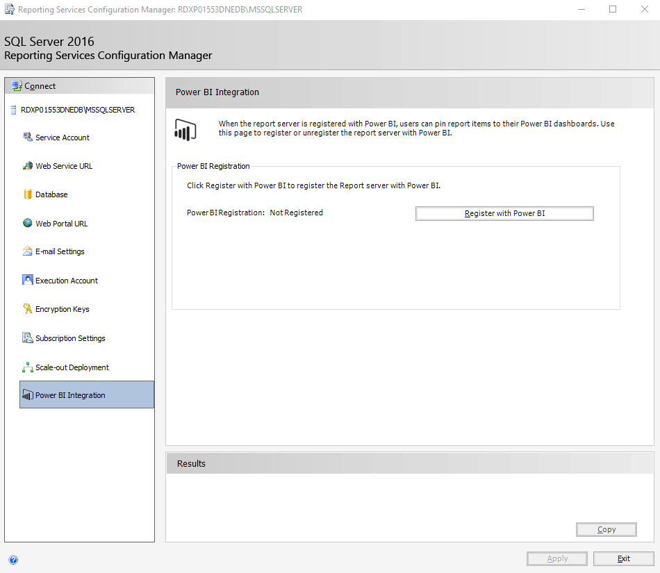 Screenshot of the Power BI Integration tab in Reporting Services Configuration Manager.