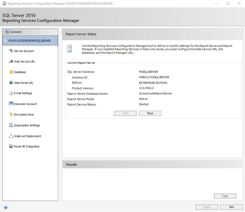 Screenshot of the Exit button to close the Reporting Services Configuration Manager.