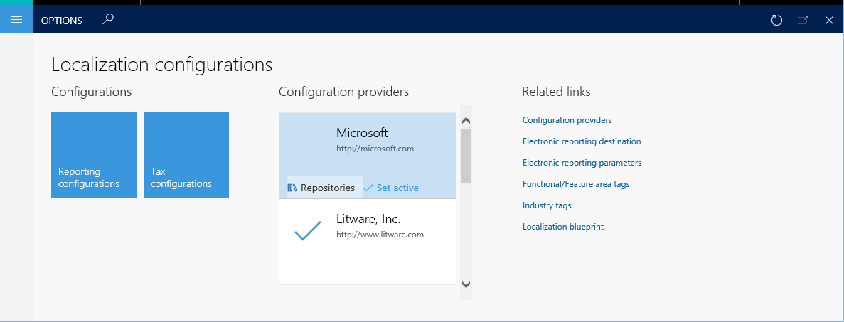 Screenshot of the Microsoft tile on the Localization configurations page.