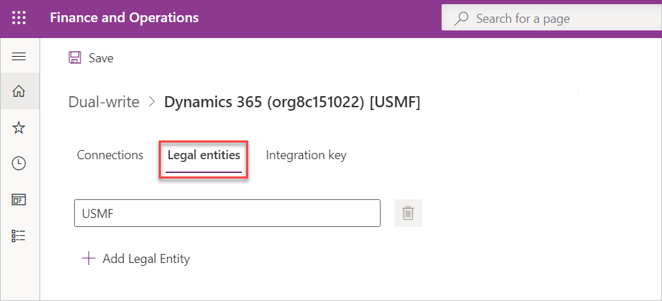 Screenshot of the Legal entities tab displaying the selected company.