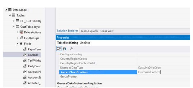 Screenshot of Solution explorer showing the AssetClassification field in the properties.