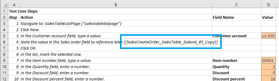 Screenshot of Test case steps variables.