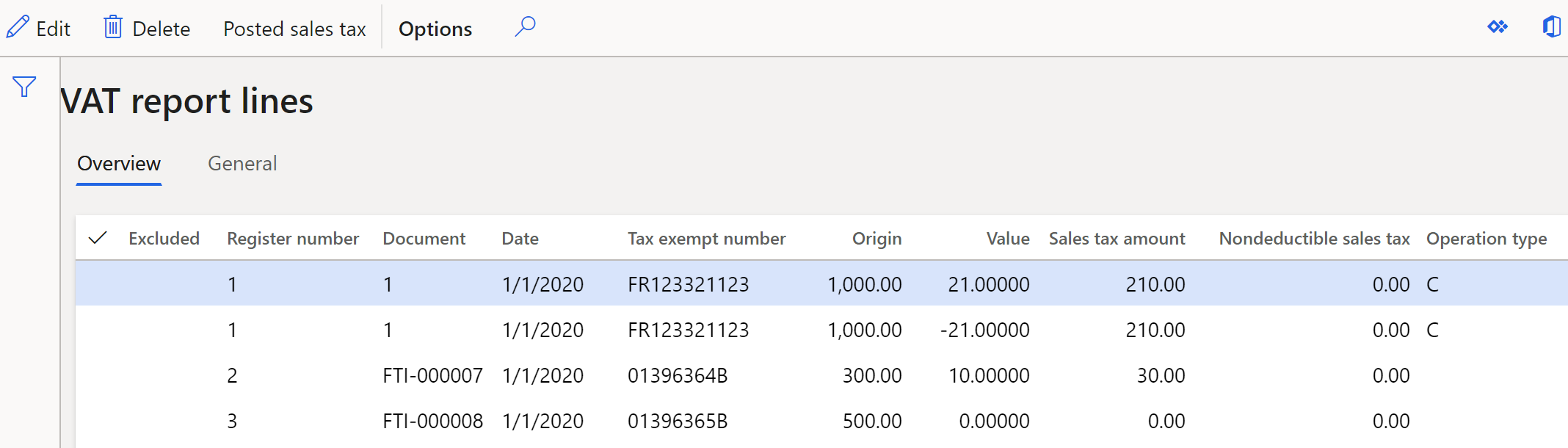 Screenshot of the VAT report lines page.