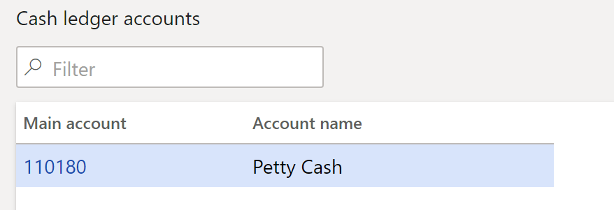 Screenshot of the Cash ledger accounts page.