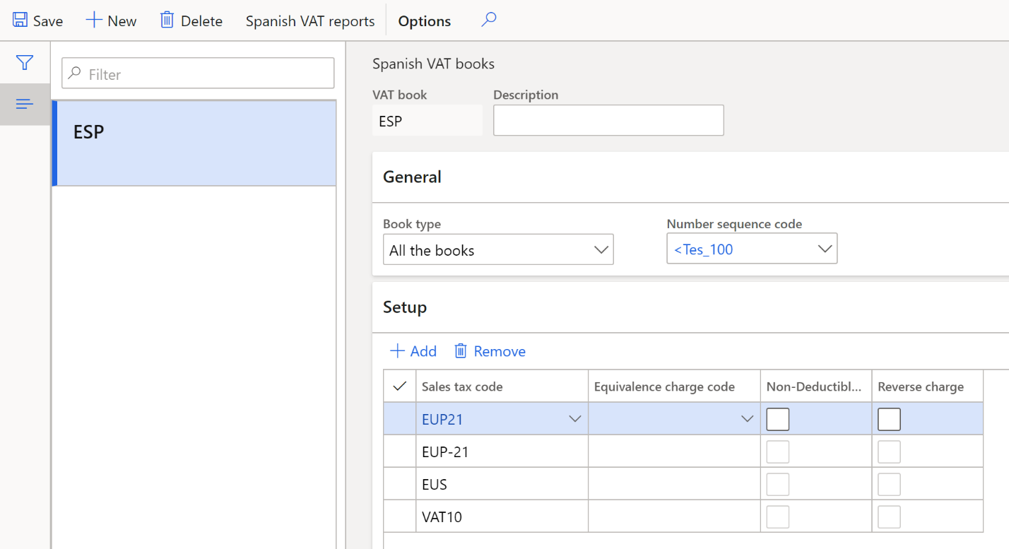 Screenshot of the Spanish VAT books page, Setup FastTab.