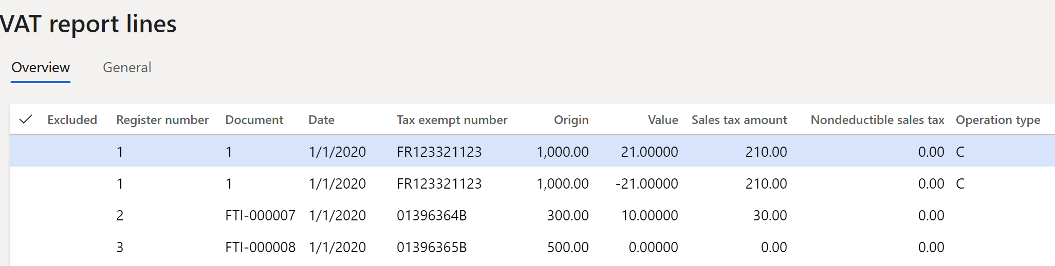Screenshot of generated data on VAT report lines page.