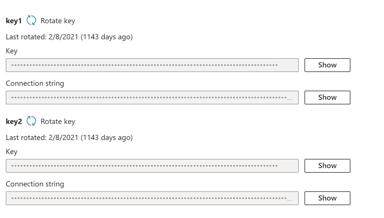Screenshot of Azure file share connection strings.