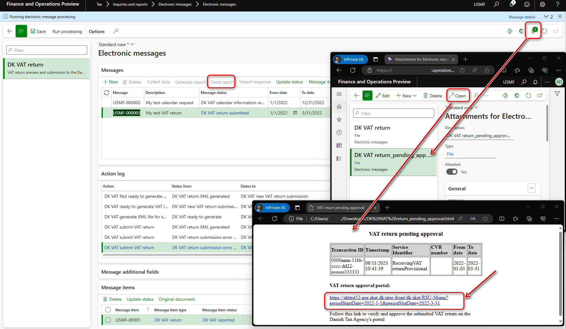 Screenshot of submitting a VAT return in XML format to the Danish Tax Agency.