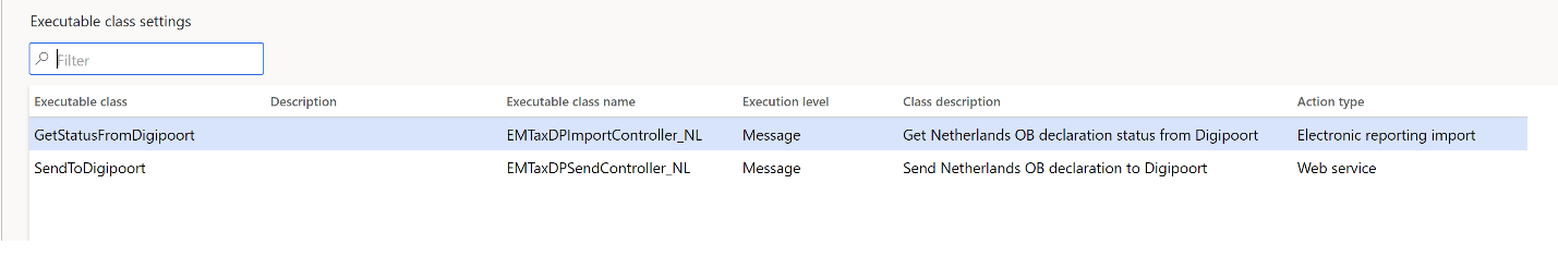 Screenshot of the Executable class settings page showing action types for NLOBGetStatusFromDidgipoort and NLOBSendToDigipoort.