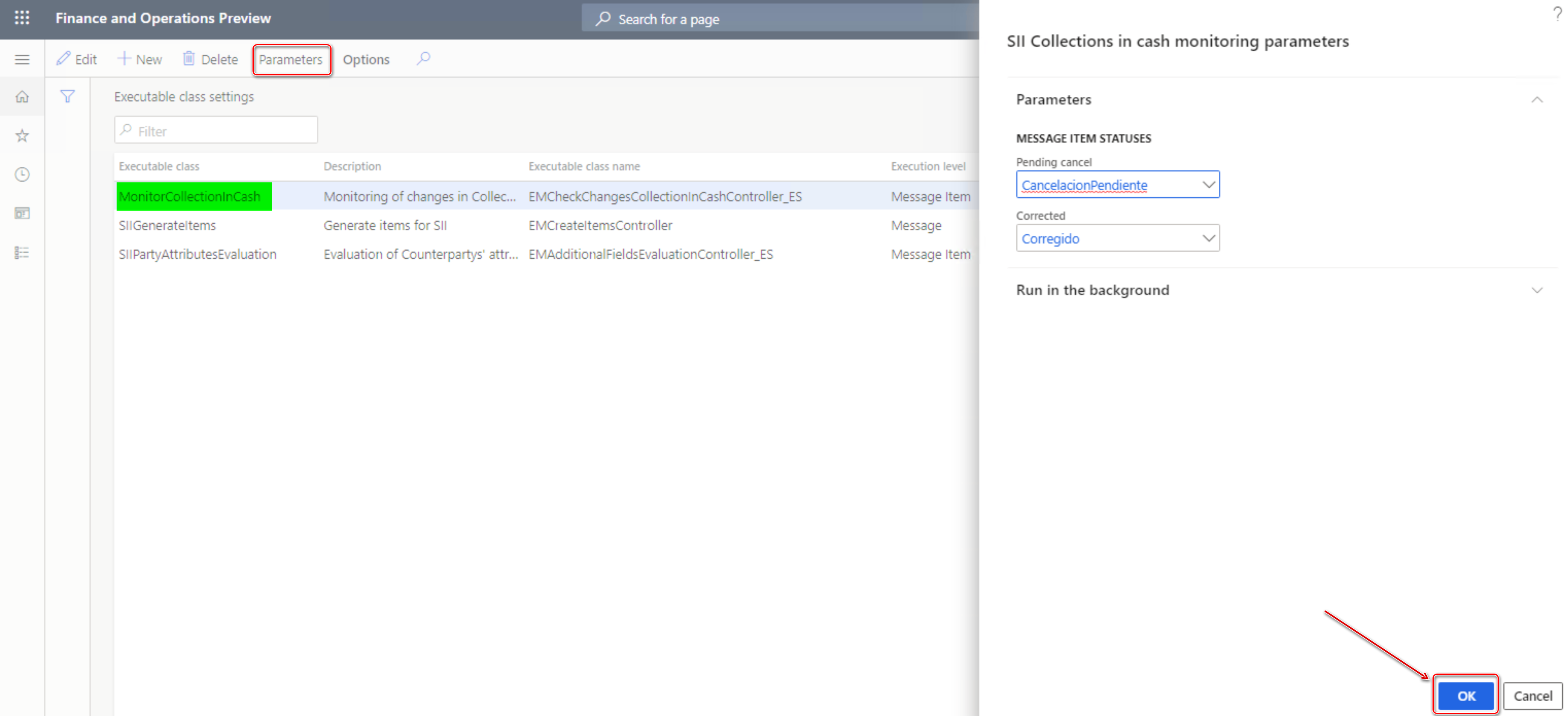 Screenshot of the SII Collections in cash monitoring parameters pane.