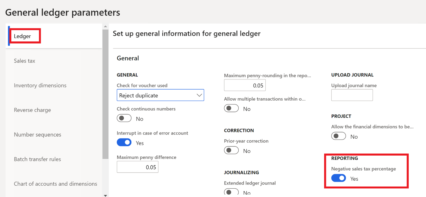 Screenshot of the General ledger parameters page, Ledger tab.
