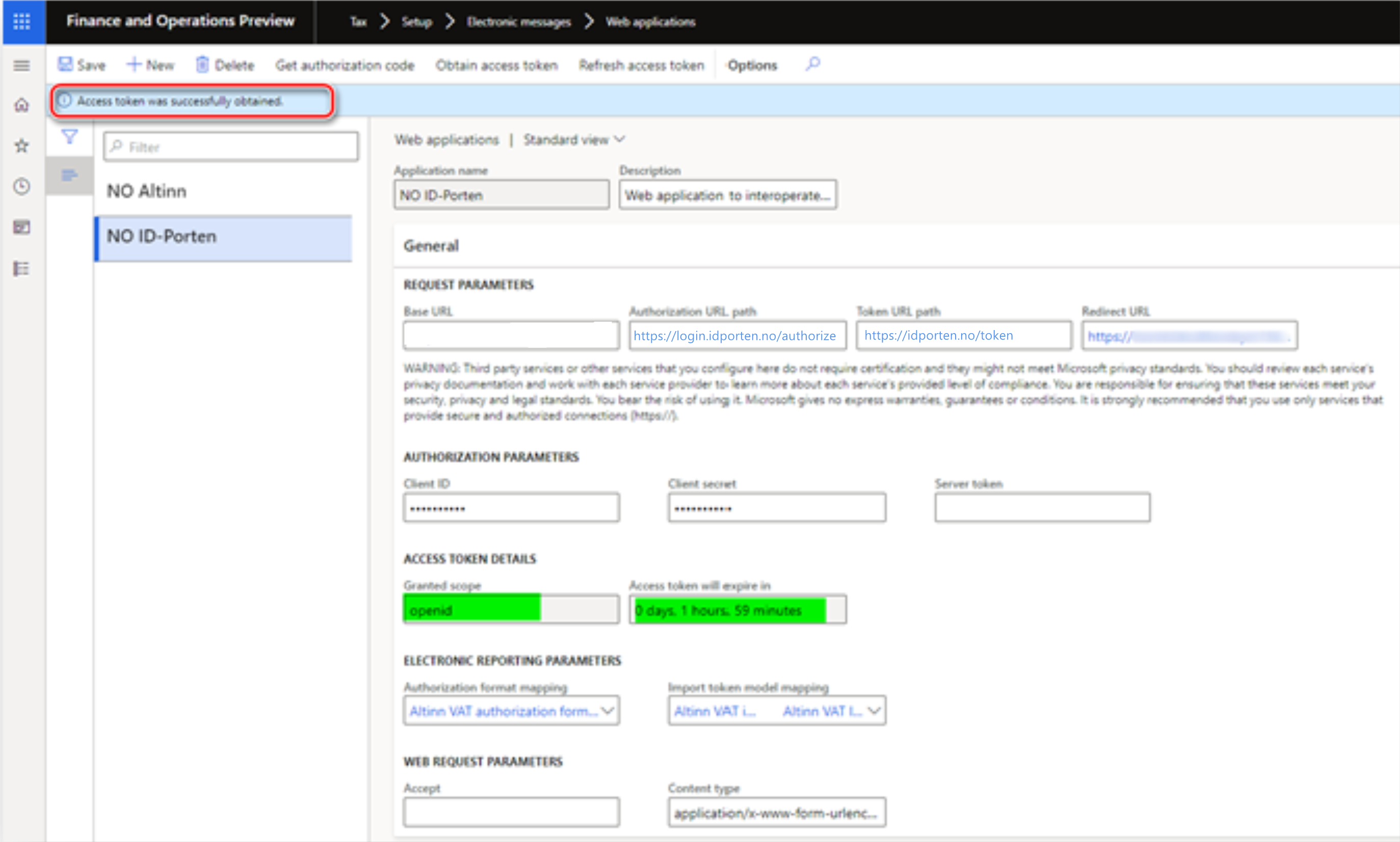 Screenshot of the Granted scope and Access token will expire in fields updated for the NO ID-Porten web application on the Web applications page.