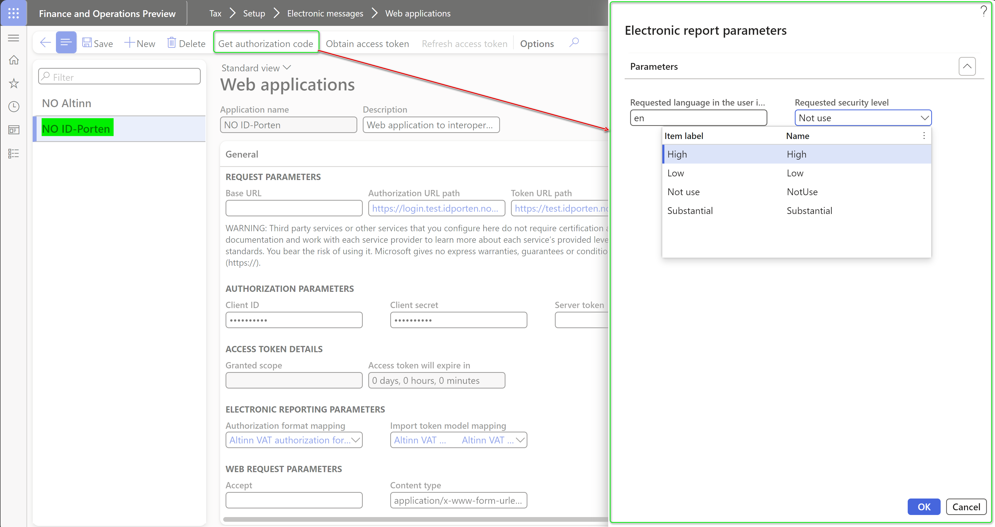 Screenshot of the Electronic report parameters dialog box with specified parameters.