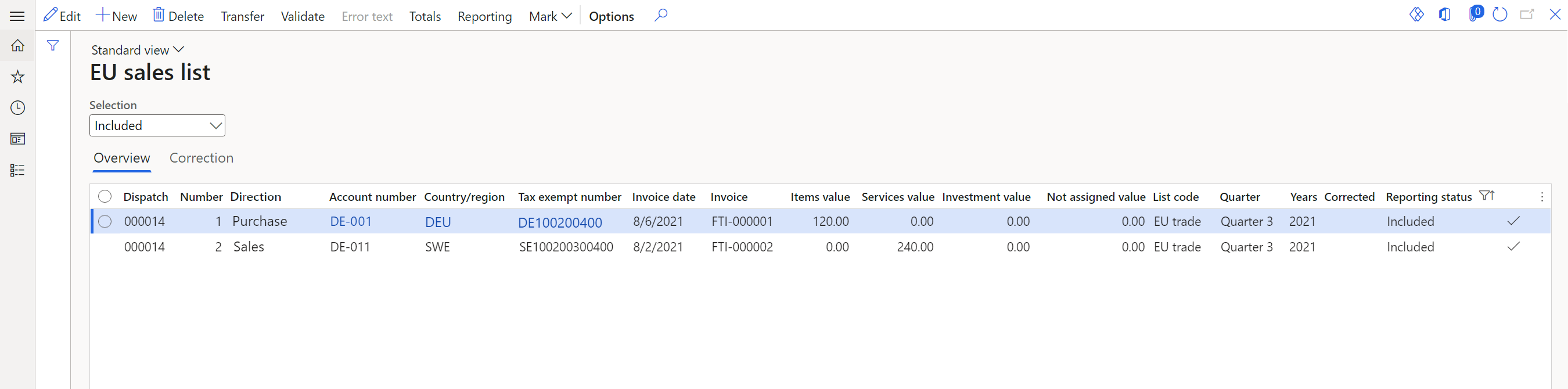 Screenshot of the EU sales list page with one service line and one item line.