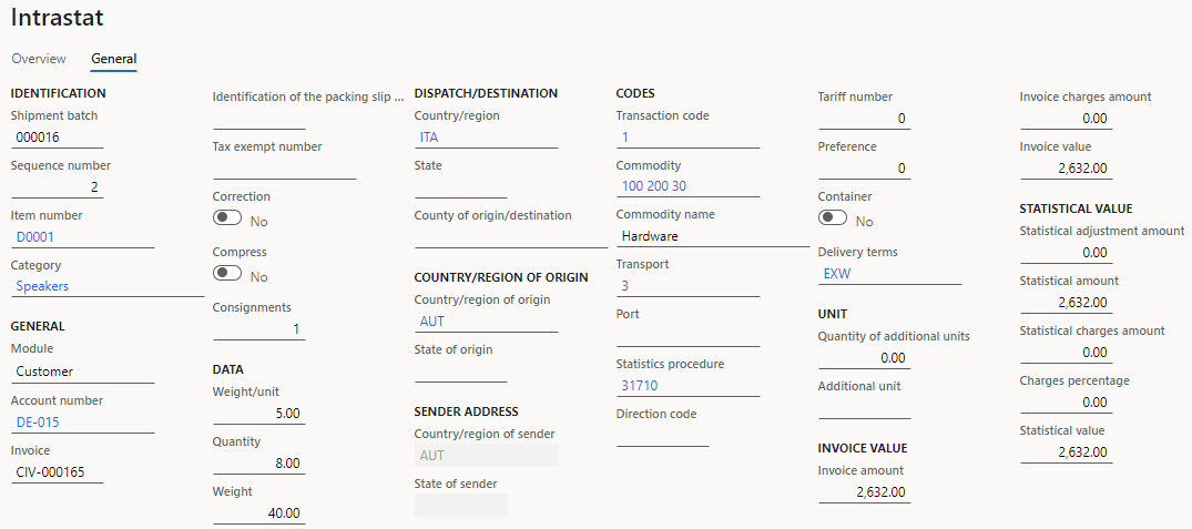 Screenshot of sales order details on the General tab of the Intrastat page.