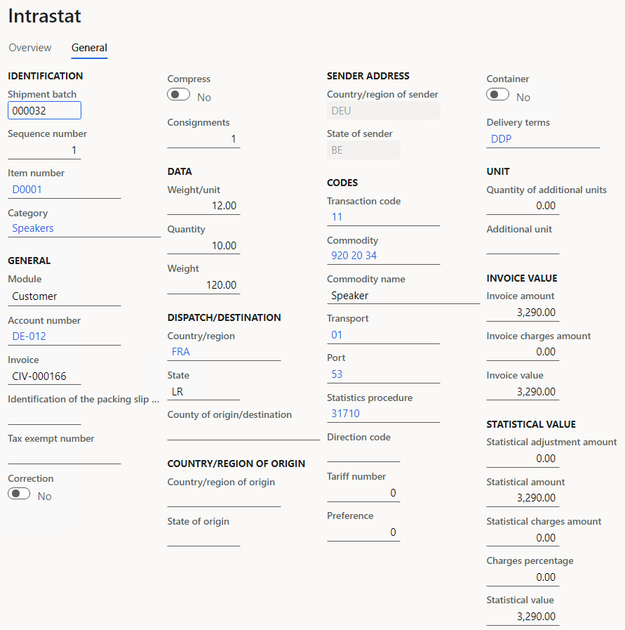 Screenshot of sales order details on the General tab of the Intrastat page.