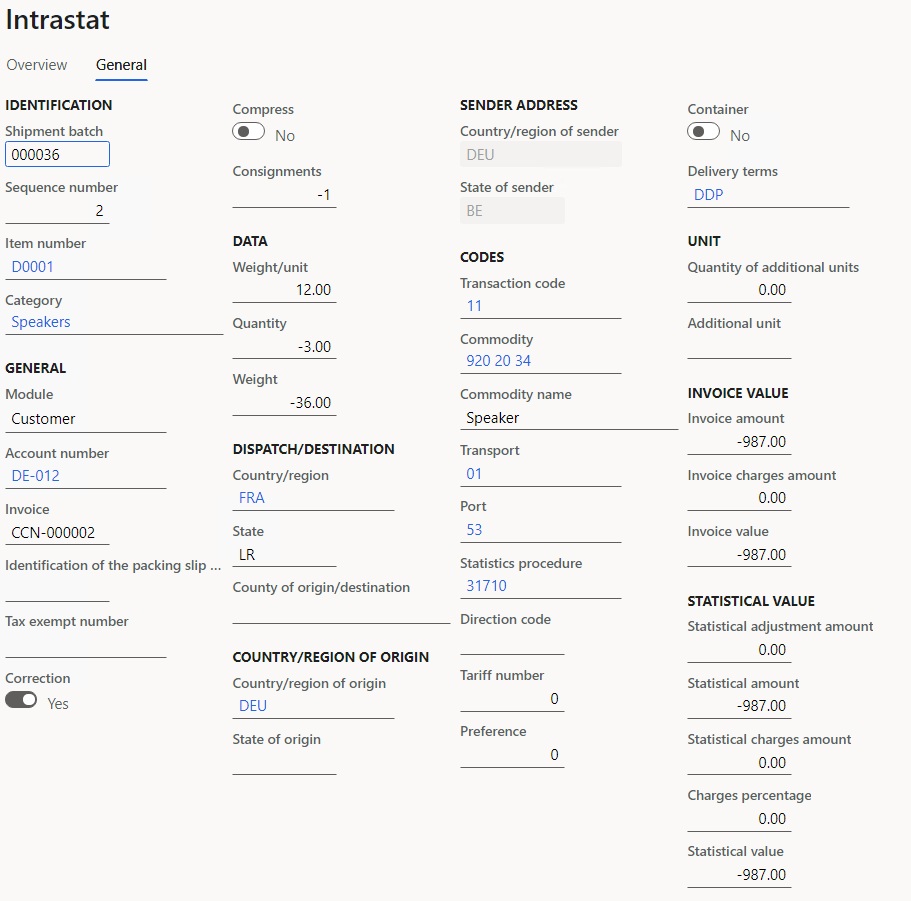 Screenshot of details of the correction on the General tab of the Intrastat page.