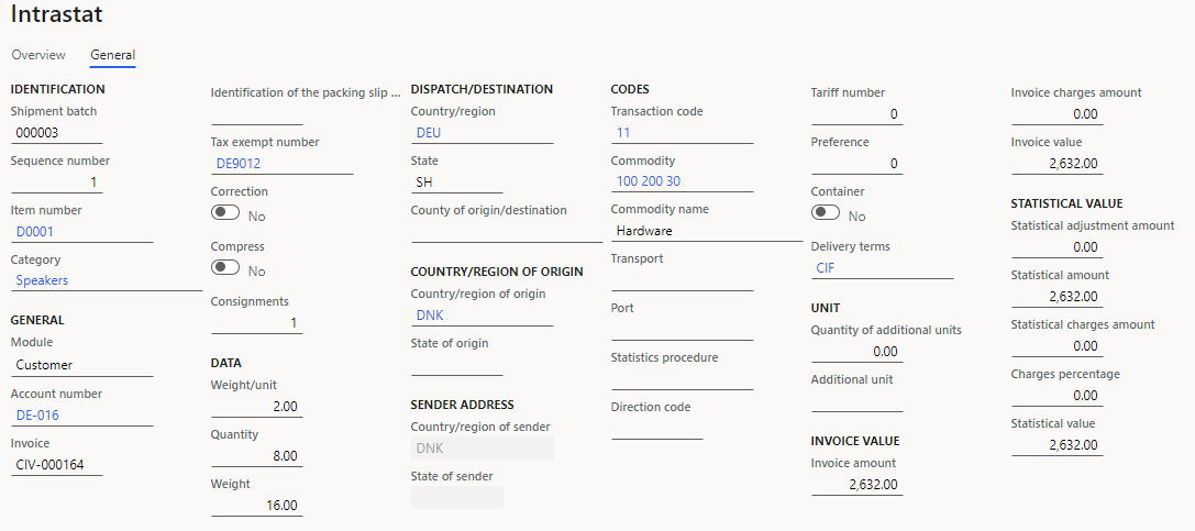 Screenshot of sales order details on the General tab of the Intrastat page.
