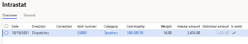 Screenshot of the line that represents the sales order on the Intrastat page.
