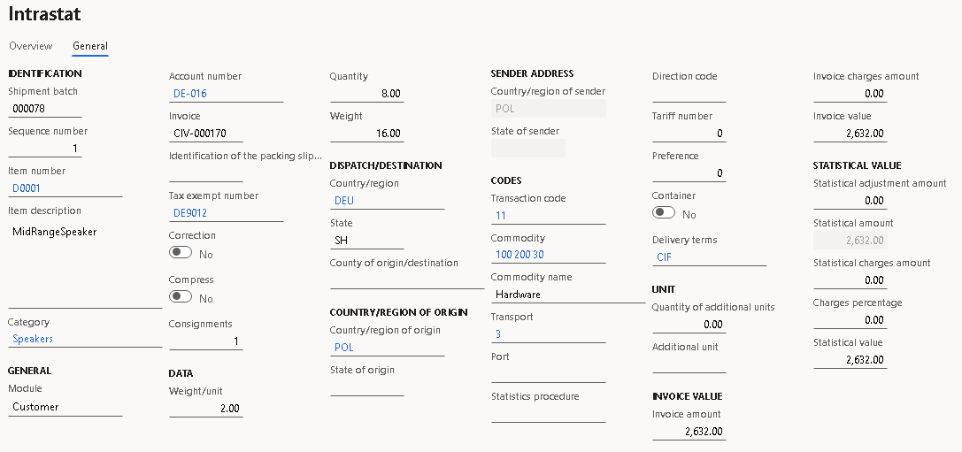 Screenshot of sales order details on the General tab of the Intrastat page.