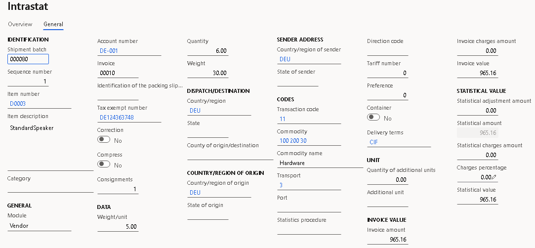 Screenshot of purchase order details on the General tab of the Intrastat page.