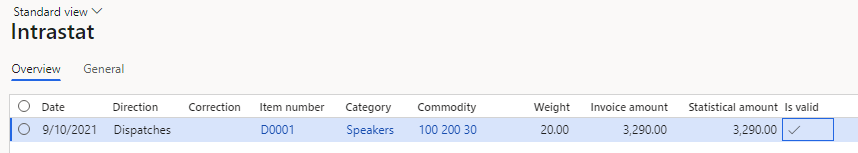 Screenshot of the line that represents the sales order on the Intrastat page.