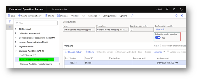 Screenshot of the Default for model mapping option set to Yes for the SAF-T General model mapping configuration.