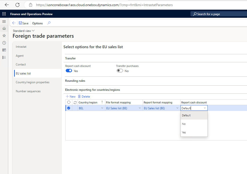 Screenshot of the Report cash discount field on the Foreign trade parameters page.