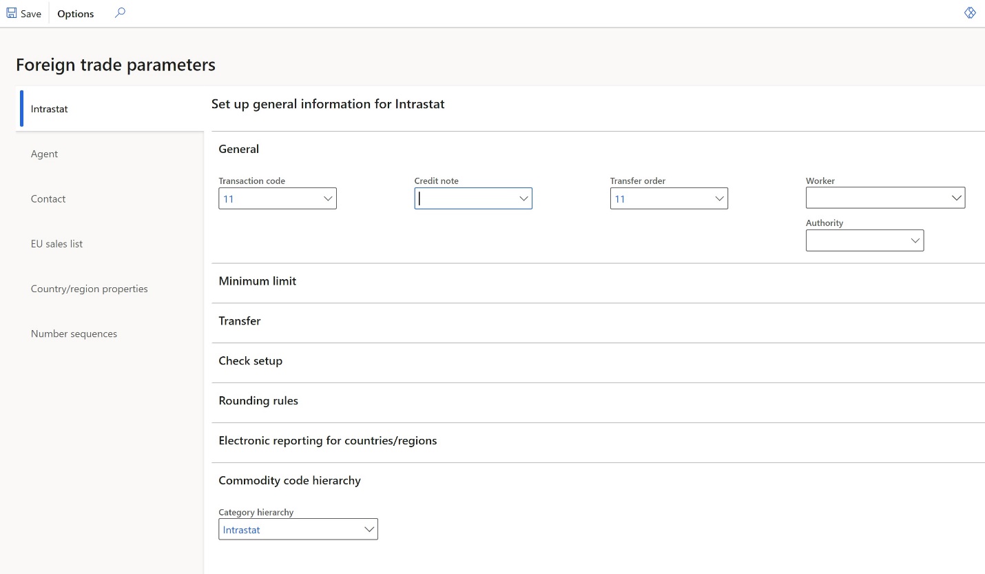 Screenshot of the Foreign trade parameters page with Intrastat settings.
