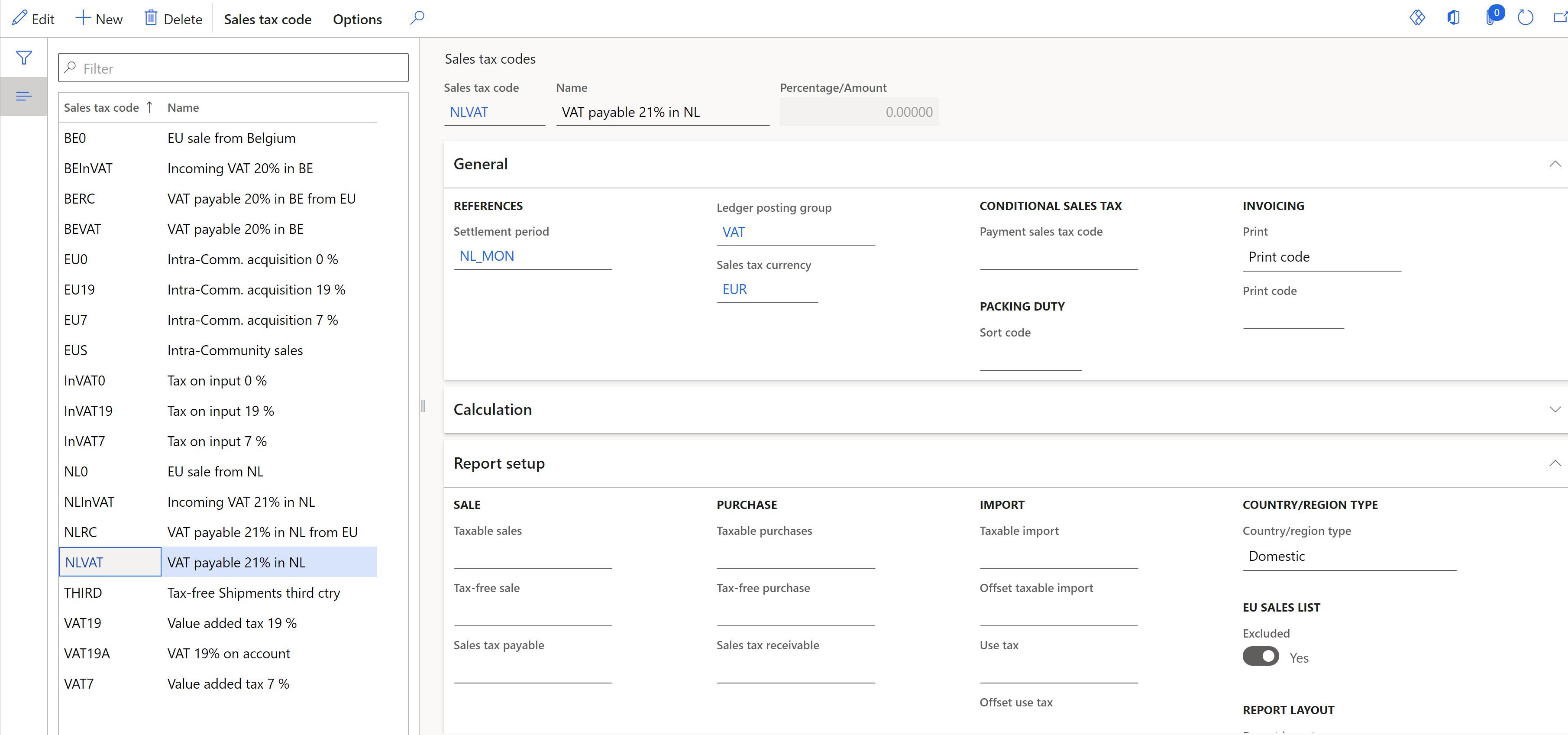 Screenshot of the sales tax code page showing report setup settings.