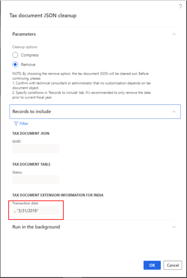 Screenshot of the Transaction date field in the Tax document extension information for India section.