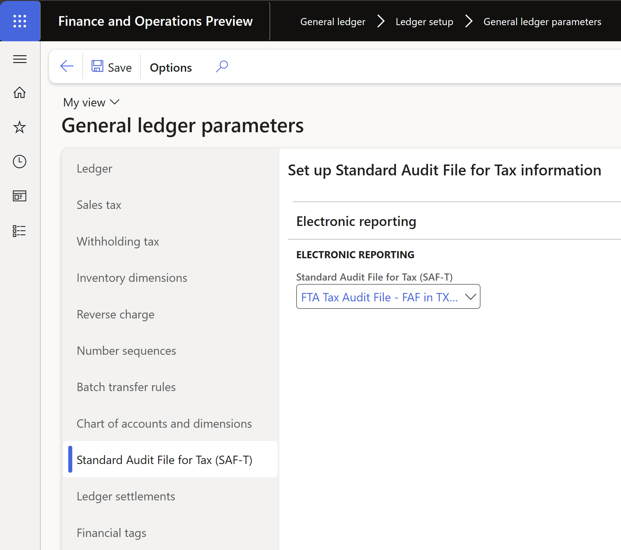Screenshot of FTA Tax Audit File - FAF in TXT (AE) selected on the General ledger parameters page.