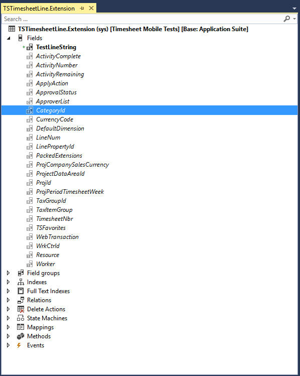 Screenshot of Visual Studio showing the TSTimesheetLine table extension with TestLineString field.