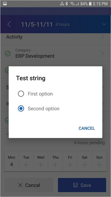 Screenshot of option buttons for the Test string custom field.