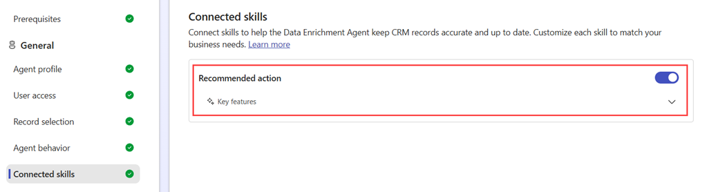 Recommended actions toggle in Data Enrichment Agent configuration page