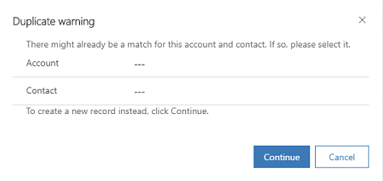 Duplicate warning while qualifying a lead Screenshot of the Duplicate warning dialog box.