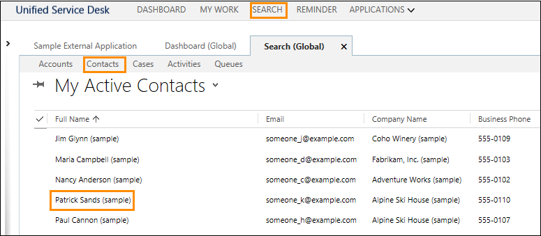 Contacts list in Unified Service Desk.