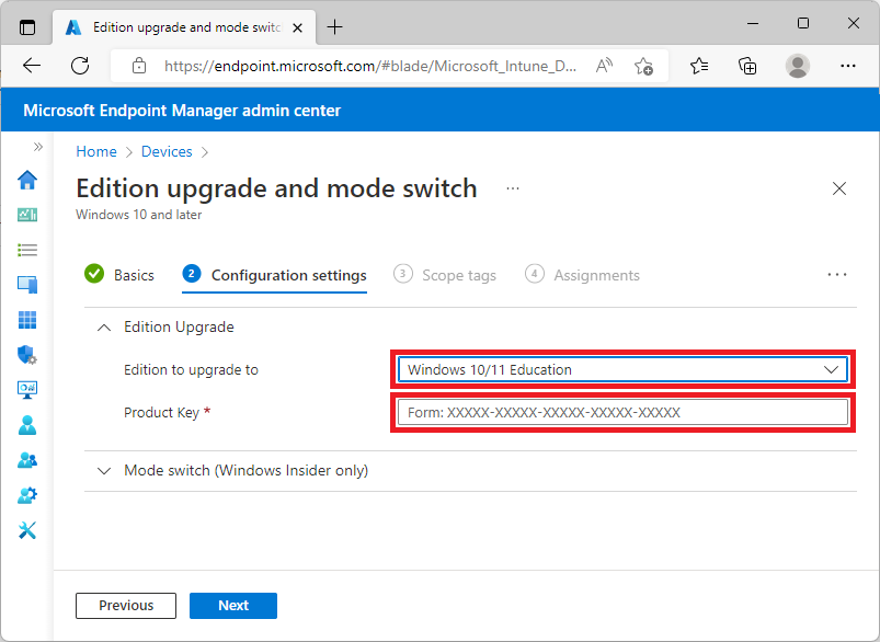 Example of configuring the Windows upgrade policy in Microsoft Intune